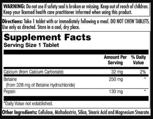 Betaine HCl Plus 250mg - 100 tabs 2022-10-1007 фото